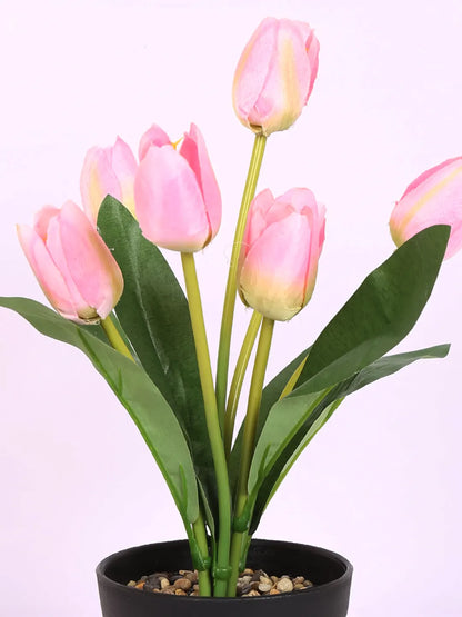Artificial Mini Tulip Flower Bonsai Plant with Pot (32 cm Height, 7 Tulip Stems)