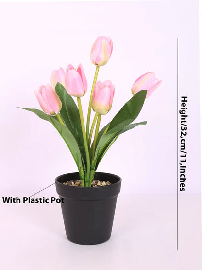 Artificial Mini Tulip Flower Bonsai Plant with Pot (32 cm Height, 7 Tulip Stems)