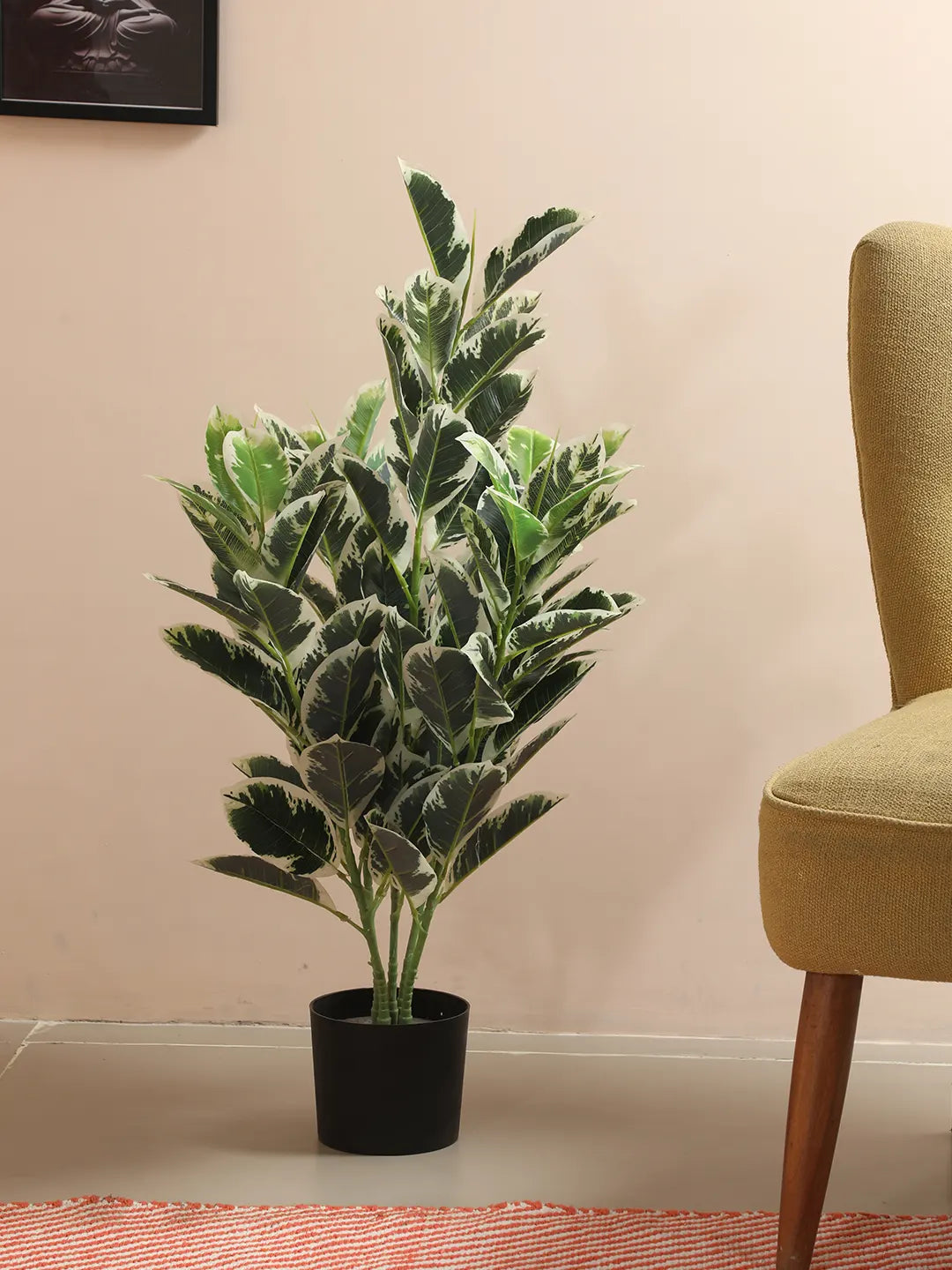 Artificial Andrew Croton Plant with Basic Black Pot (85 cm Tall, 104 Light Green Leaves)