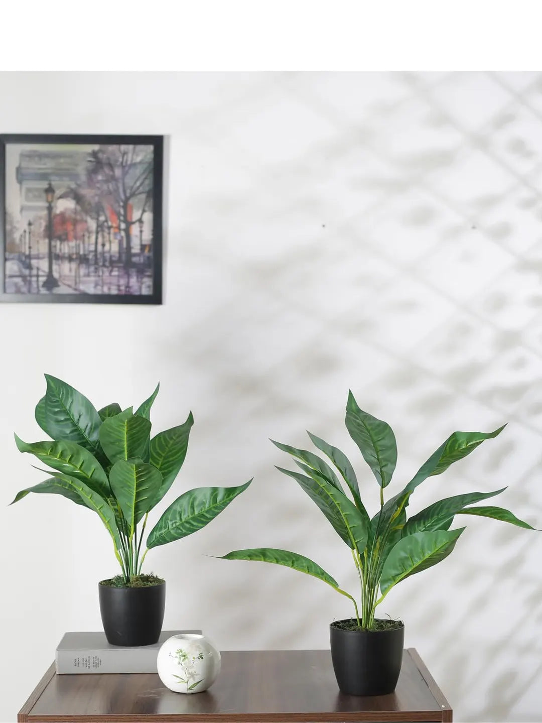 Artificial Green Iceton Croton Plant (12 Leaves with Basic Black Pot 45 Cm Tall Pack of 2)