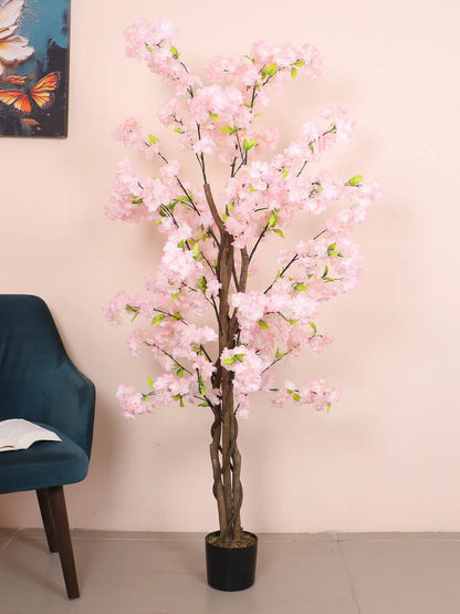 Artificial Pink Peach Blossom Flowers Plant For with Basic Black Pot- 5.5 Feet - Pink