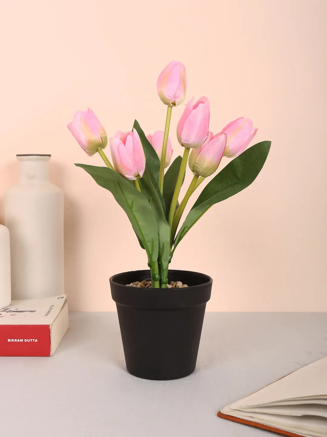 Artificial Mini Tulip Flower Bonsai Plant with Pot (32 cm Height, 7 Tulip Stems)