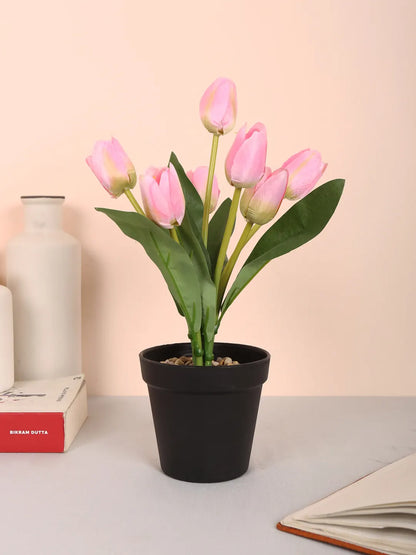 Artificial Mini Tulip Flower Bonsai Plant with Pot (32 cm Height, 7 Tulip Stems)
