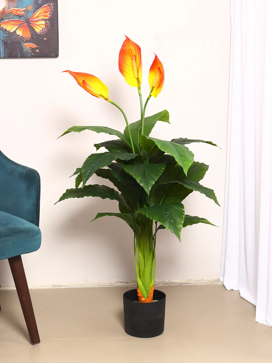 Artificial Peace lily Flowers Plant with Basic Black Pot 105 cm Tall, Green