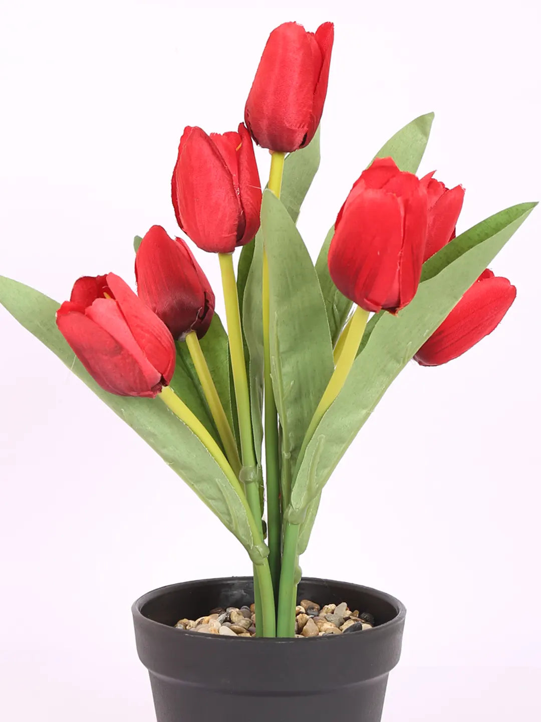 Artificial Mini Tulip Flower Bonsai Plant with Pot (32 cm Height, 7 Tulip Stems, Red)