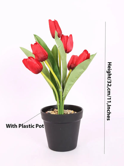 Artificial Mini Tulip Flower Bonsai Plant with Pot (32 cm Height, 7 Tulip Stems, Red)
