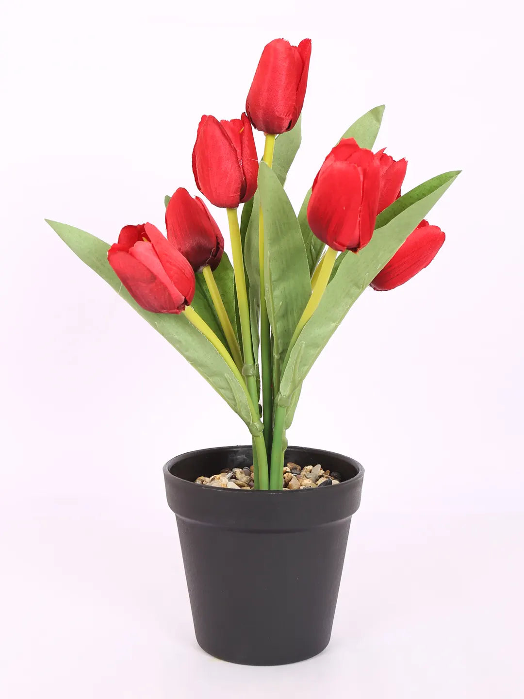 Artificial Mini Tulip Flower Bonsai Plant with Pot (32 cm Height, 7 Tulip Stems, Red)