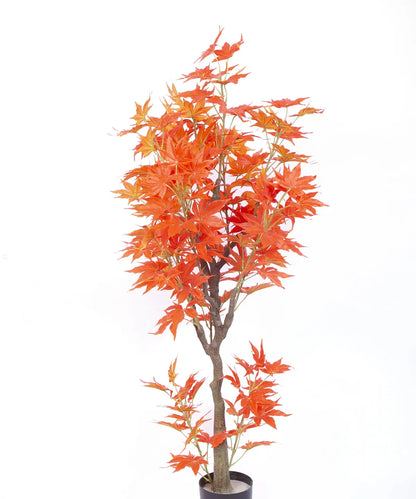 Artificial Dried Maple Plant with Basic Black Pot - 4 Feet Tall Orange Leaves