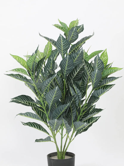 Artificial White Veined Croton Plant with Basic Black Pot (85 cm Tall, 104 Light Green Leaves)